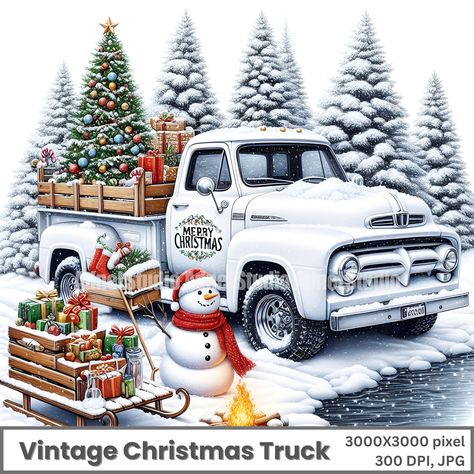 Vintage Red Truck Christmas Pictures, Christmas Knits, Vintage Christmas Sign, Merry Christmas Snowman, Snowman Clipart, Gift Tag Design, Christmas Chair, White Truck, Retro Holiday