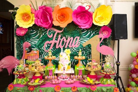 Tropical Flamingo Paradise Birthday Party on Kara's Party Ideas | KarasPartyIdeas.com (9) Luau Party Food, Tropical Birthday Party, Hawaiian Party Decorations, Flamingo Birthday Party, Luau Theme Party, Luau Birthday Party, Hawaiian Birthday Party, Hawaiian Birthday, Fiesta Tropical