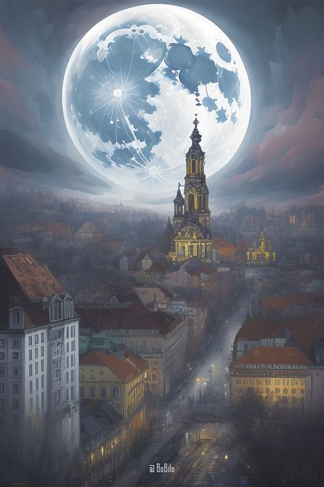 Fantasy art with a unique urban landscape Gothic City Art, Fantasy Cityscape, Gothic City, Mystical Moon, Fantasy Worlds, European Cities, Naive Art, Night City, Instagram Page