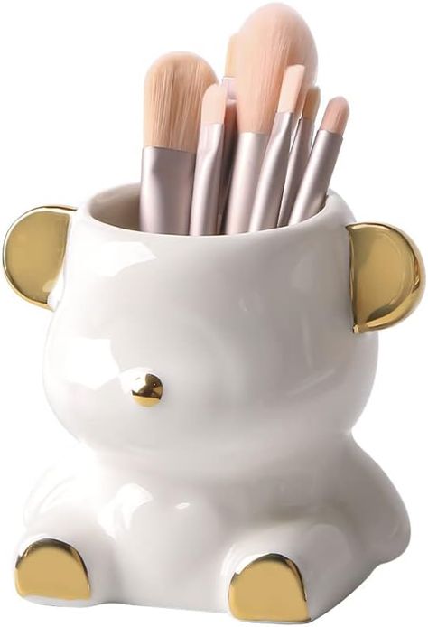 Porcelain Makeup, Office Desk White, Beaded Candle Holders, Porcelain Pens, Preppy Makeup, Beaded Candle, Paint Brush Holders, White Desk Office, Cricut Stencils