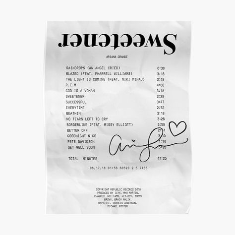 Music Receipt, Receipt Poster, Album Receipts, Bubble Gifts, Album Receipt, Ariana Grande Poster, Hit Boy, The Light Is Coming, Ariana Grande Sweetener