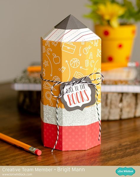 Pencil Shaped Box - Lori Whitlock Creative Team Project Pencil Gift Box Template, Craft Fair Display Table, Template Box, Teacher Wallpaper, Diy Gift Box Template, Paper Bag Design, Teacher Appreciation Gifts Diy, Lori Whitlock, Pencil Gift