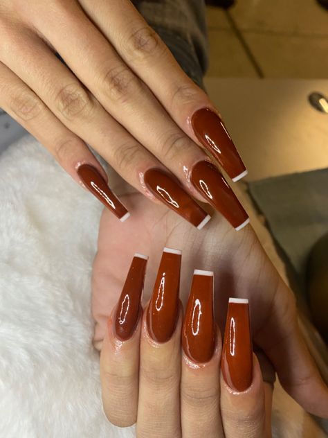 Brown Nails White Tips, Brown Nails With White Tips, White Tips Coffin, Nails White Tips, Nails With White Tips, Nails With White, White Tip Nails, Brown Nails Design, White Tips