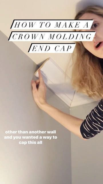 Erin Devine | Top Shelf DIY on Instagram: "Have you ever needed to stop your crown molding somewhere other than a wall? Here’s how to make an end cap. . 1. Cut two pieces of crown with 45 degree outside corners. 2. Trim down the piece (left or right) serving as your “cap.” 3. Install with 2” bead nails. Put a bead of wood glue where the ends meet. . Caulk and paint. That’s it! . #crownmolding #crownmoldings #crownmoldinginstallation #crownmoldingideas #woodworkingskills #woodworkingcommunity" Crown Molding End Stop, Cottage Style Crown Molding, Crown Molding End Cap, How To End Crown Molding, How To Install Crown Molding, How To Cut Crown Molding Corners, Hideaway Office, Crown Molding Corners, Bead Nails