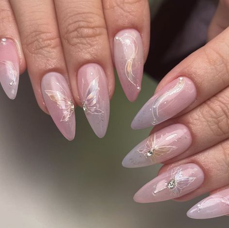 Nails For A Pink Dress, Cute Pink Nails Almond, Almond Nails Butterfly, Almond Acrylic Nails Solid Color, Baby Pink Nails Almond, Light Pink Nails Almond, Butterfly Pink Nails, Pink Nails With Butterfly, Butterfly Almond Nails