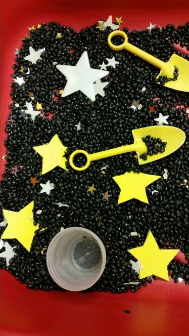 Starry Night Sensory bin...just add black beans, foam stars, star confetti and shovels. Night And Day Sensory Bin, Day And Night Sensory Bin, Moon And Star Activities For Preschool, Day And Night Toddler Activities, Constellation Sensory Bag, Universe Activities For Preschool, Night Sensory Bin, Light And Dark Eyfs Activities, Stars Sensory Bin