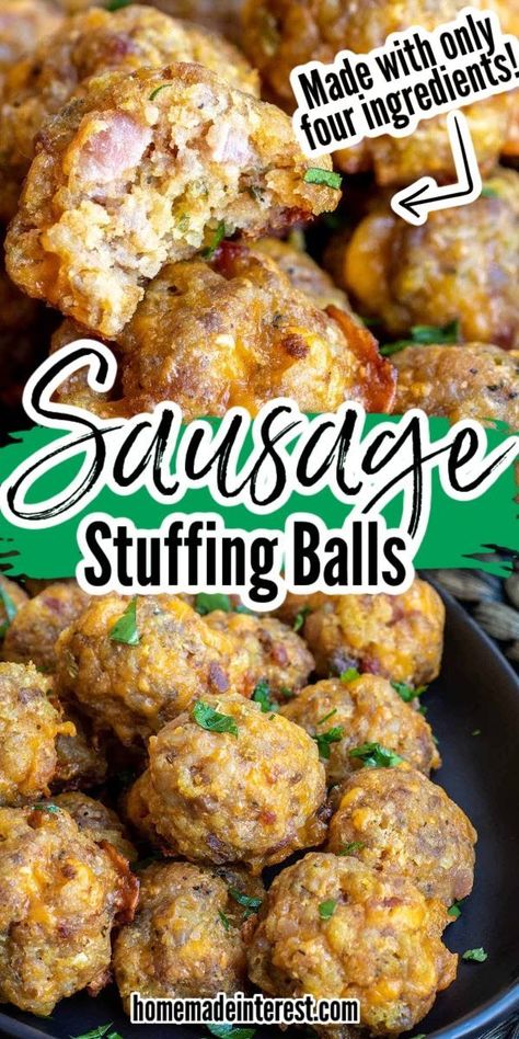 This recipe from Home. Made. Interest. makes the BEST stuffing sausage balls! This tasty appetizer is made with sausage, bacon, stuffing, and cheddar cheese. It is a make ahead appetizer that is perfect for holiday parties including Thanksgiving, Christmas, and New Year's Eve! Sausage Thanksgiving Appetizer, Spinach Sausage Balls, Cheesy Sausage Stuffing Balls, Sausage Balls Stuffing, Thanksgiving Sausage Balls, Dressing Balls Thanksgiving, New Years Eve Recipes Party Appetizers, Easy Stuffing Balls, Stuffing Appetizer Recipes