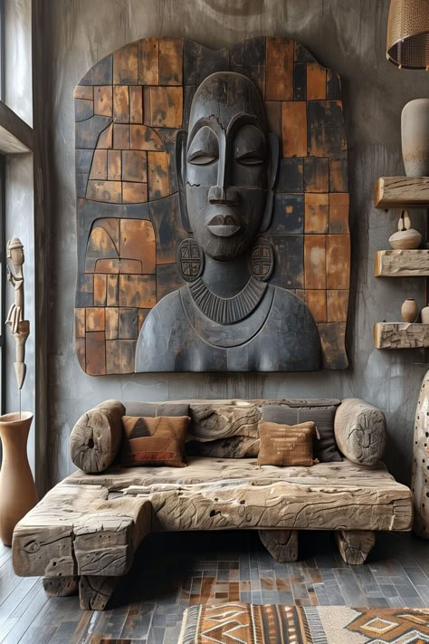 A living space with a large African mask wall piece and rustic wooden furniture, exemplifying Afrobohemian decor. Interior Sculpture Art, African Wall Art Decor, Nigerian Home Decor, Art Pieces For Home Decor, African Furniture Design, Unique Furniture Painting, Modern African Decor, Rustic Living Room Ideas, Statement Wall Art