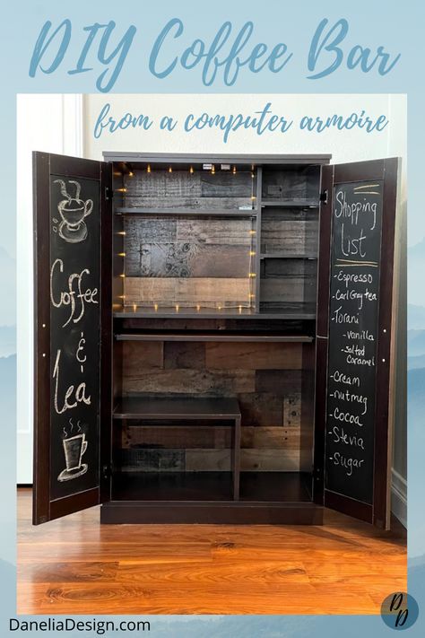 DIY home coffee bar Computer Armoire Repurpose, Coffee Bar From Computer Cabinet, Coffee Bar Ideas Diy Armoires & Wardrobes, Coffee Bar Armoire Ideas, Coffee Drink Bar, Coffee Bar Ideas Diy, Armoire Coffee Bar, Bar Ideas Diy, Armoire Repurpose