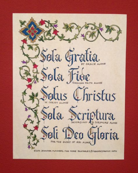 black-line master of "The Five Solas" -- color in yourself Reformation Sunday, Martin Luther Reformation, Five Solas, Martin Luther Quotes, Patriotic Printables, Reformation Day, 5 Solas, Grace Alone, Church Bulletin Boards