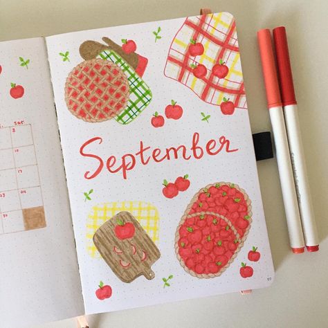 september apples bullet journal theme #bujo #bujoideas #bulletjournal #bulletjournaling #bulletjournalideas September Reading Journal, Apple Bullet Journal Theme, September Journal Page, Apple Bullet Journal, September Journal Cover, September Aesthetic Month, September Bujo Theme, September Journal Ideas, September Journaling