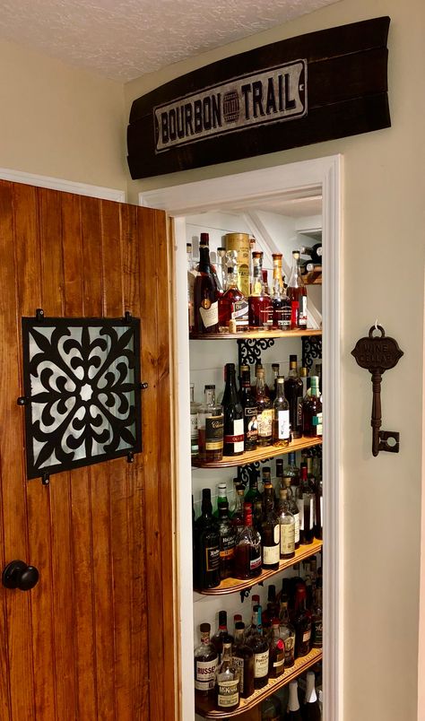 Diy Bourbon Cabinet, Bourbon Closet, Bourbon Storage, Bourbon Room, Trail Signs, Dry Bar, Cabinet Decor, Diy Signs, Storage Cabinets