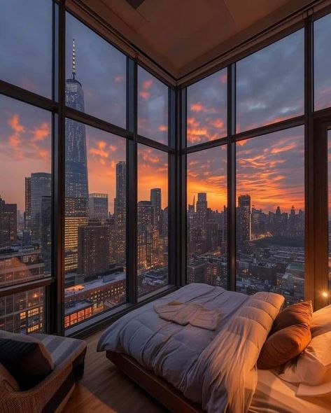 Sky Rise Apartment Aesthetic, Sky High Apartment, Bedroom With Large Windows, New York Apartment Aesthetic, Dream Apartments, City Aesthetics, New York Sunset, City Pics, Apartment View