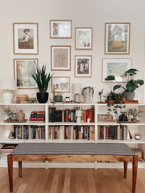 Home Library – Ikea Hack – Lana and Lino Long Low Shelf Living Room, Two Bookcases Side By Side, Gallery Wall Above Bookshelf, Ikea Home Office Ideas Billy Bookcases, Gallery Wall Bookshelf, Horizontal Bookshelf Styling, Half Bookshelf Wall, Ikea Home Library, Billy Bookcase Short