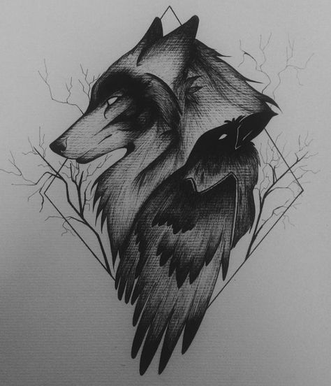 Kurt Tattoo, Wolf And Raven, Lup Singuratic, Rabe Tattoo, Raven And Wolf, Kunst Tattoos, Illustration Tattoo, Crow Tattoo, Wolf Tattoo Design