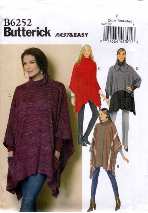 Butterick+B6252+6252+Misses+Poncho+Pullover+Easy+Sew+Sewing+Pattern+Sizes+Xsm-Sml-Med Poncho Pattern Sewing, Knit Wrap Pattern, Women's Sewing Pattern, Cowl Neck Poncho, Womens Poncho, Ladies Poncho, Poncho Pattern, Butterick Pattern, Butterick Sewing Pattern