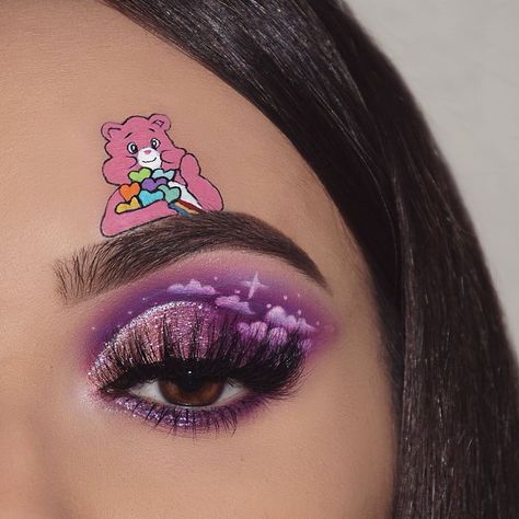 Bear Makeup Look, Care Bear Makeup, Dramatic Eyeshadow, Green Mascara, Bear Makeup, Bright Pink Lipsticks, Glossy Eyeshadow, Pink Lips Makeup, Pink Mascara