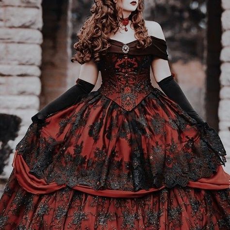 Victorian Dress Aesthetic Dark, Red Pirate Dress Aesthetic, Red And Black Fantasy Dress Art, Dark Red Victorian Dress, Queen Of Hearts Dress Aesthetic, Catherine Pinkerton Aesthetic, Red Victorian Dress Aesthetic, Black And Red Fantasy Dress, Heartless Catherine