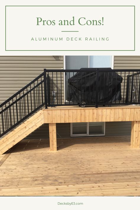 Many different railing materials can be used for deck railing. Having installed many of the most popular ones, wood, composite, vinyl, aluminum is my favourite. When someone asks which railing, I recommend my first answer always is aluminum. The reason is the long list of pros of aluminum compared to the shortlist of cons. Black Aluminum Deck Railing, Vinyl Deck Railing, Black Railing, Aluminum Railing Deck, Black Deck, Railing Ideas, Wood Railing, Aluminum Decking, Deck Railing