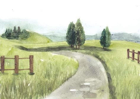 Green nature landscape with road and garden fence watercolor Green Nature Landscape, Cat Character, Green Nature, Garden Fence, Nature Landscape, Watercolor Landscape, Vector Photo, Premium Vector, Graphic Resources