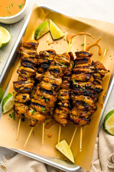 Thai Marinated Grilled Chicken Skewers with Peanut Sauce Chicken Skewers With Peanut Sauce, Chicken Satay Skewers, Once Upon A Chef, Grilled Chicken Skewers, Mint Salad, Yummy Chicken, Coconut Milk Curry, Chicken Satay, Citrus Chicken