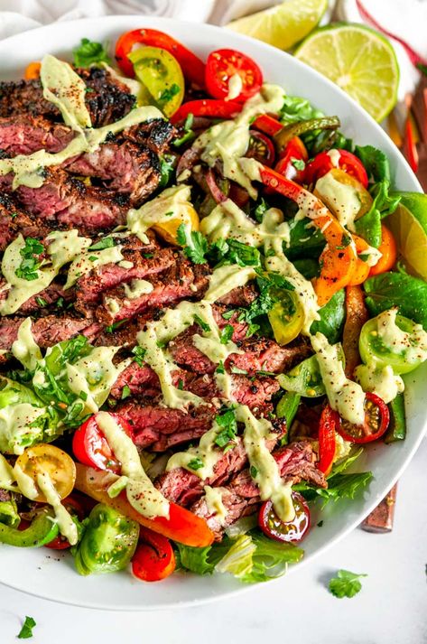 Fajita Salad Dressing, Steak Fajita Salad, Cilantro Avocado Dressing, Fajita Salad, Sautéed Veggies, Fajita Marinade, Bistro Menu, Meat Meals, Salad Dressing Recipe