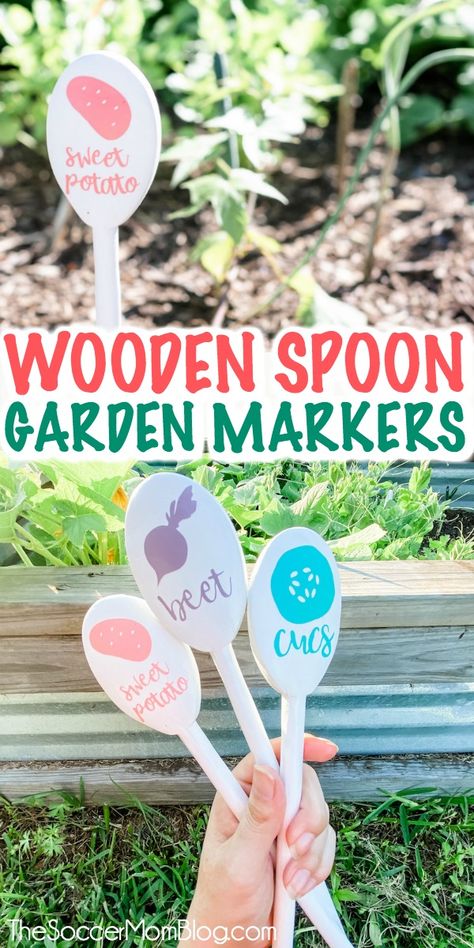 Make these cute farmhouse style wooden spoon garden markers with Cricut! We used our #CricutJoy to make these garden spoons and they turned out perfect! #Cricutcreated @cricut  (AD) Cricut Garden Markers, Cricut Garden Projects, Diy Garden Signs, Spoon Garden Markers, Garden Markers Diy, Cricut Joy Projects, Cute Farmhouse, Wood Burn Designs, Vegetable Garden Raised Beds