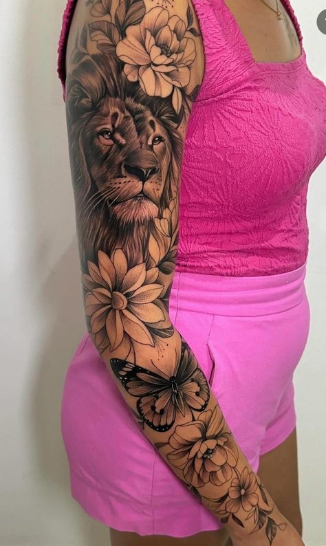 Sleeve Tattoos With Lion For Women, Lady Lion Tattoo For Women, Full Sleeve Arm Tattoo Women, Flower Tattoos With Animals, Female Animal Tattoos, Women Full Arm Tattoo, Flower Butterfly Sleeve Tattoo, Lion Cover Up Tattoos For Women, Elephant Tattoos Arm Half Sleeves