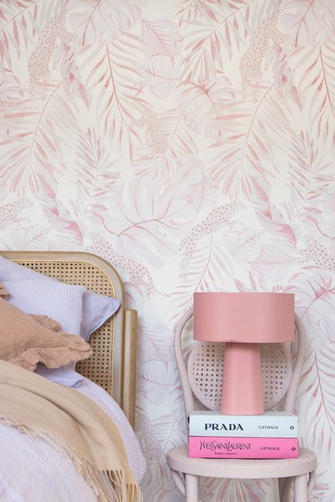 Pink Tropical Nursery, Pink Wallpaper Bedroom, Beige Bedroom Ideas, Add Wallpaper, Yvonne Ellen, Wallpaper Bedroom Feature Wall, Tropical Safari, Safari Room, Safari Wallpaper