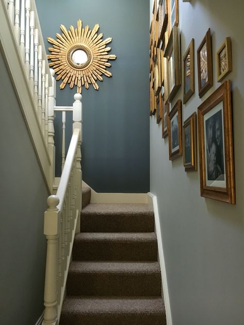 Hallway painted in farrow and ball pavilion grey and down pipe Staircase Wall Colours Paint Colors, Hallway Ideas Navy, Landing Paint Colours, Hallway Decorating Blue, Blue Grey Hallway Ideas, Blue Grey Hallway, Grey Carpet Hallway And Stairs, Grey Stairs And Landing, Hall Stairs And Landing Decor Paint Colors Colour Schemes