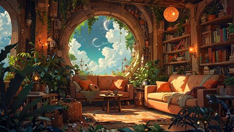 A cozy intricately designed lounge in a Studio Ghiblii 1 Cottage Core Background Desktop, Reading Banner Aesthetic, Cozy Desktop Background, Fantasy Interior Design Concept Art, Cozy Computer Wallpaper, Cozy Fantasy Art, Lofi Aesthetic Wallpaper Pc, Cozy Background Aesthetic, Bed Beside Window