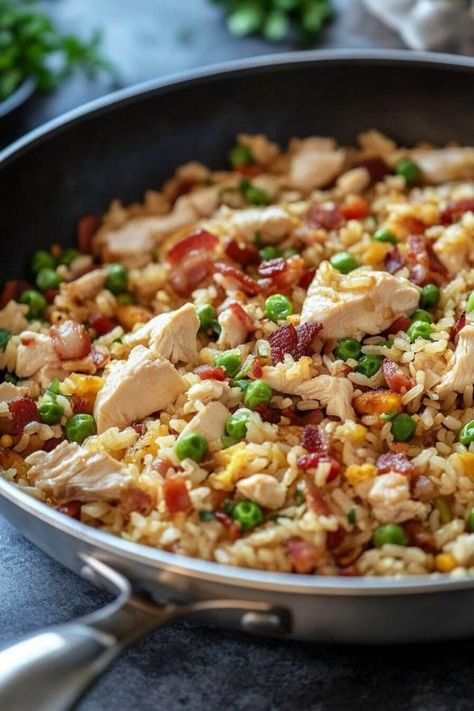 Chicken and Bacon Fried Rice Bacon Fried Rice, Bacon Rice, Chicken And Bacon, Chicken Crispy, Bacon Fries, Savory Rice, Diced Chicken, Quick Weeknight Meals, Crumbled Bacon