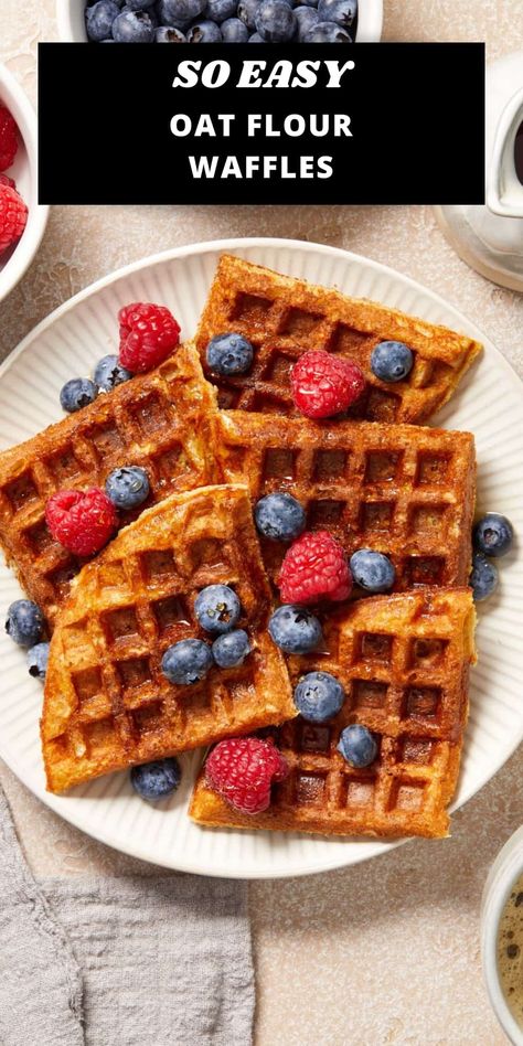 These easily made Oat Flour Waffles are a great way to start the day on a healthy, nutritious and delicious note. They contain whole-grain oat flour which is easily made by blending rolled oats to a fine powder. Serve the waffles topped with fruit of your choice, a drizzle of pure maple syrup and some Greek yoghurt. Oat Flour Waffles, Complicated Recipes, Brunch Inspiration, Waffle Toppings, Waffle Mix, Family Friendly Recipes, Gluten Free Oats, Making Life Easier, Entertaining Recipes