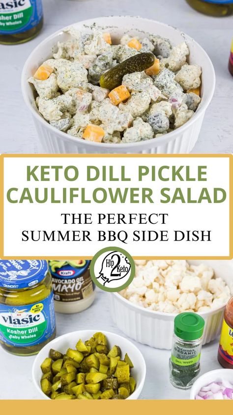 Keto Dill Pickle Cauliflower Salad Puts the ZING in Amazing! Keto Potluck Dishes, Dill Pickle Salad, Pickle Dishes, Pickle Salad, Health 2023, Veggie Salads, Bbq Side Dish, Pickled Cauliflower, Carb Sides