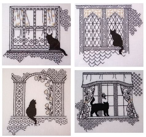 Cat On A Window Sill, Cat On Window, 123 Stitch, Blackwork Embroidery Designs, Black Cat Cross Stitch, Blackwork Embroidery Patterns, Blackwork Cross Stitch, Blackwork Designs, Cat Cross Stitches