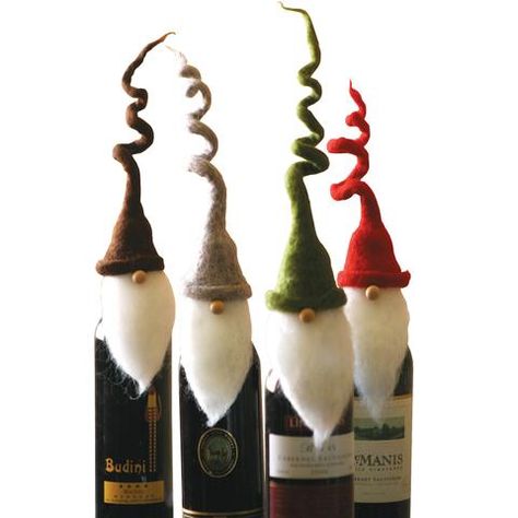 Santa Hat Wine Bottle Toppers - Set of Four Holiday Wine Gift, Santa Wine Bottle, Felt Santa, Wine Bottle Topper, Rustic Christmas Decor, Bottle Toppers, Holiday Wine, Scandinavian Gnomes, Christmas Central