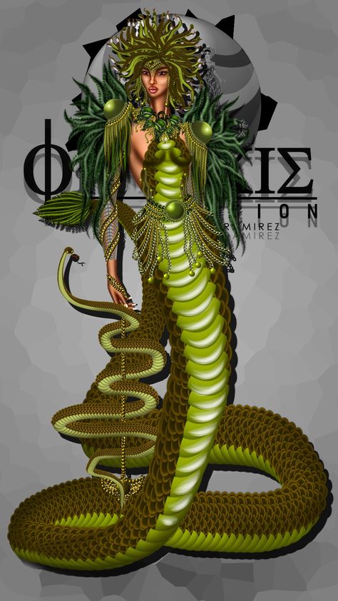 Snake Outfit Drawing, Snake Inspired Outfits, Snake Themed Dress, Snake Fashion Illustration, Philippines Mythology Goddesses, Snake Inspired Fashion, Snake Woman Character Design, Medusa Fashion Illustration, Snake Fashion Runway