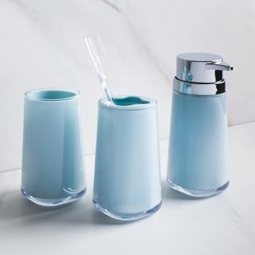 Update your bathroom decor with our stylish set of Avanti Bath Accessories. This set of modern acrylic bath accessories features a soap pump, toothbrush holder and tumbler. Blue Tile Bathroom Decor, Sky Blue Bathroom, Bathroom Storage Countertop, Blue Tile Bathroom, Blue Bathroom Accessories, Blue Bathroom Tile, Minimalist Packaging, Future Bathroom, Bathroom Toothbrush Holder