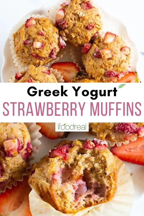 Healthy Strawberry Muffins, Strawberry Yogurt Muffins, Muffins With Greek Yogurt, Strawberry Muffins Healthy, Strawberry Banana Muffins, Greek Yogurt Muffins, Fruit Muffins, Fresh Strawberry Recipes, Yogurt Muffins