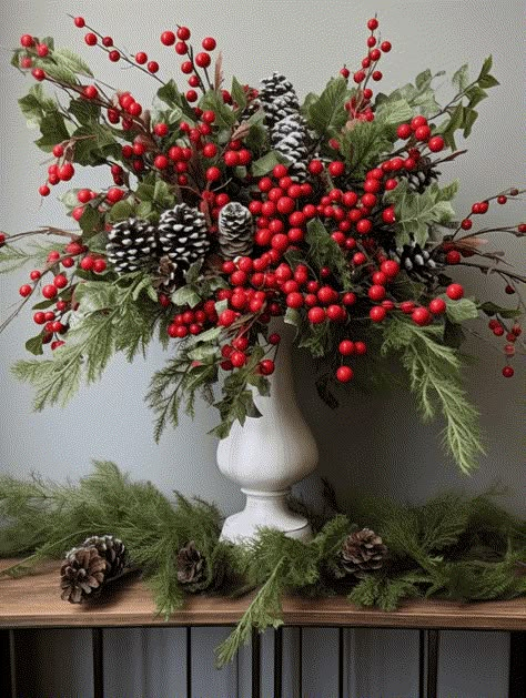 29 Captivating Winter Berry Decor Ideas That Will Wow Your Guests Christmas Berries In Vase, Ilex Berries Arrangement, Holly Berry Christmas Decor, Christmas Floral Arrangements Diy Vase, Christmas Boughs Decorating Ideas, Christmas Floor Vase Ideas, Christmas Tree With Berries, Red Berries Christmas Decor, Christmas Bud Vases