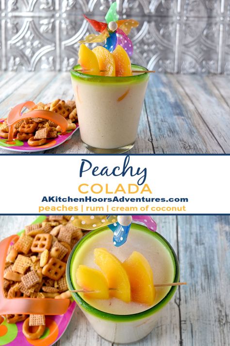 Peachy Colada has simple ingredients and tastes perfectly delicious. Made with frozen peaches, 2 types of rum, and crema of coconut, it’s a refreshing summer colada you’ll enjoy. #OurFamilyTable #pinacolada #peach #cocktail #summerdrink Peach Colada Recipe, Frozen Peach Cocktail, Coconut Milk Cocktail, Peach Schnapps Drinks, Peach Cocktail Recipe, Cocktails With Malibu Rum, Peach Rum, Colada Drinks, Coconut Rum Drinks