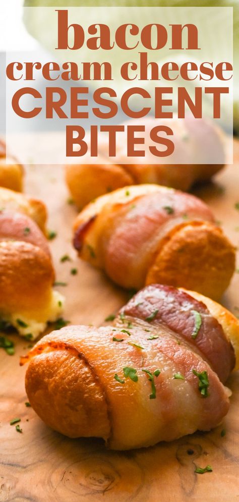 Here's an easy bacon recipe that everyone loves! This Bacon Cream Cheese Crescent Rolls Recipe makes a great appetizer or snack for game day. #easybaconrecipe #crescentrollsrecipe #baconcreamcheese #appetizer #baconappetizer #gamedaysnacks #3ingredientrecipes #quickandeasyappetizers #herbcreamcheese Bacon Wrapped Crescent Rolls, Bacon Wrapped Croissant Crescent Rolls, Bacon Crescent Roll Recipes, Maple Bacon Crescent Rolls, Bacon Crescent Rolls Appetizers, Cream Cheese Bacon Crescent Rolls, Bacon Wrapped Cream Cheese, Cheese Crescent Roll Recipes, Cheap Appetizers