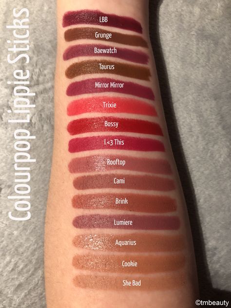 Colourpop Lippie Sticks Swatches Colorpop Lippie Stix Swatches, Colourpop Lippie Stix Swatches, Colourpop Lip Liner, Colourpop Swatches, Colourpop Lip, Colourpop Lippie Stix, Makeup Shopping, Lip Combos, Natural Glowy Makeup