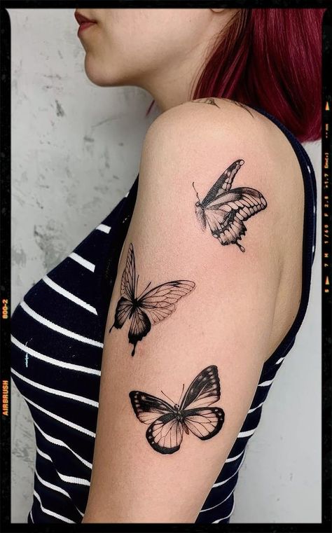 Butterfly Tattoo Inspiration Butterfly Tattoos On Back Of Arm, Butterfly Tattoos On Upper Arm, Multiple Butterfly Tattoo Arm, Upper Arm Butterfly Tattoos For Women, Butterflies Shoulder Tattoo, Intricate Butterfly Tattoo, Butterfly Tattoo Designs For Women Arm, Butterfly Inner Arm Tattoo, Butterfly Tattoo Upper Arm