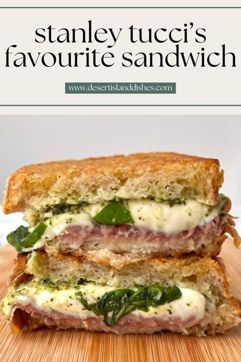 This is Stanley Tucci's favourite sandwich: a wonderful pesto, mozzarella, prosciutto sandwich – delicious and so simple, it hardly needs a recipe! Panini Recipes Prosciutto, Breakfast Sandwich With Arugula, Crusty Bread Sandwich, Stanley Tucci House, Toasted Ciabatta Bread, Pesto Melt Sandwich, Prosciutto Panini Recipes, Simple Delicious Sandwiches, Prosciutto Egg Sandwich