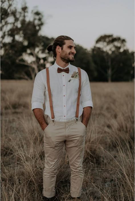 Rustic Wedding Suits Groom Style, Boho Elopement Mens Attire, Non Suit Wedding Grooms, Groom With Best Man, Light Tan Wedding Suit, Light Groomsmen Suits, Groomsmen Party Ideas, Mens Wedding Suits Rustic, Boutennaire Wedding