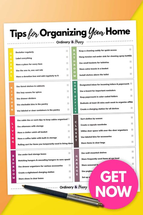 a printable list of home organization tips split into 8 categories over a block yellow and orange background with a pen at the bottom Home Organization Categories, Organization Categories, Home Organization Tips, Cleaning Caddy, Organizational Tips, Goal Planner Printable, Blank Calendar Template, Basket Uses, Hourly Planner