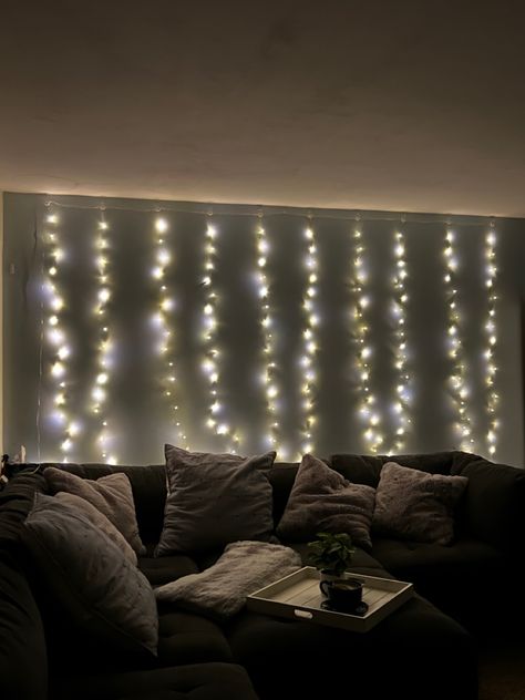 Fairy Lights Couch, Fairy Lights Behind Couch, Lights Behind Couch, Hangout Area Ideas, Couch Basement, String Lights Living Room, Hangout Room Ideas, Fairy Lights Room, Cozy Apartment Decor