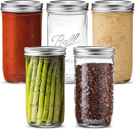 Amazon.com: Ball Wide Mouth Mason Jars 24 oz [5 Pack] With Airtight lids and Bands - For Canning, Fermenting, Pickling, Freezing - Glass Jars, Microwave & Dishwasher Safe. + SEWANTA Jar Opener: Home & Kitchen Kerr Jars, Home Art Studio, Art Studio Storage, Studio Storage, Canning Supplies, Water Bath Canning, Wide Mouth Mason Jars, Jar Decor, Art Studio At Home