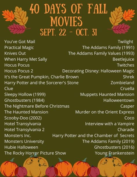 Fall Movies, Halloween Movies List, Movie Inspiration, Season Aesthetic, Halloween Movie Night, Movie Recommendations, Fall Mood Board, Fun Fall Activities, Fall Bucket List